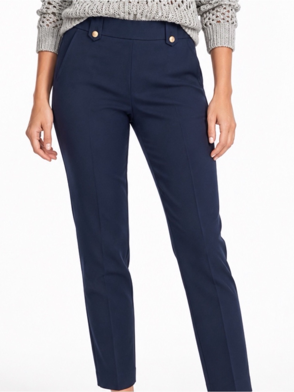 Navy Slim Ankle Pants High Rise Tailored Silver Button Size 10 NWT